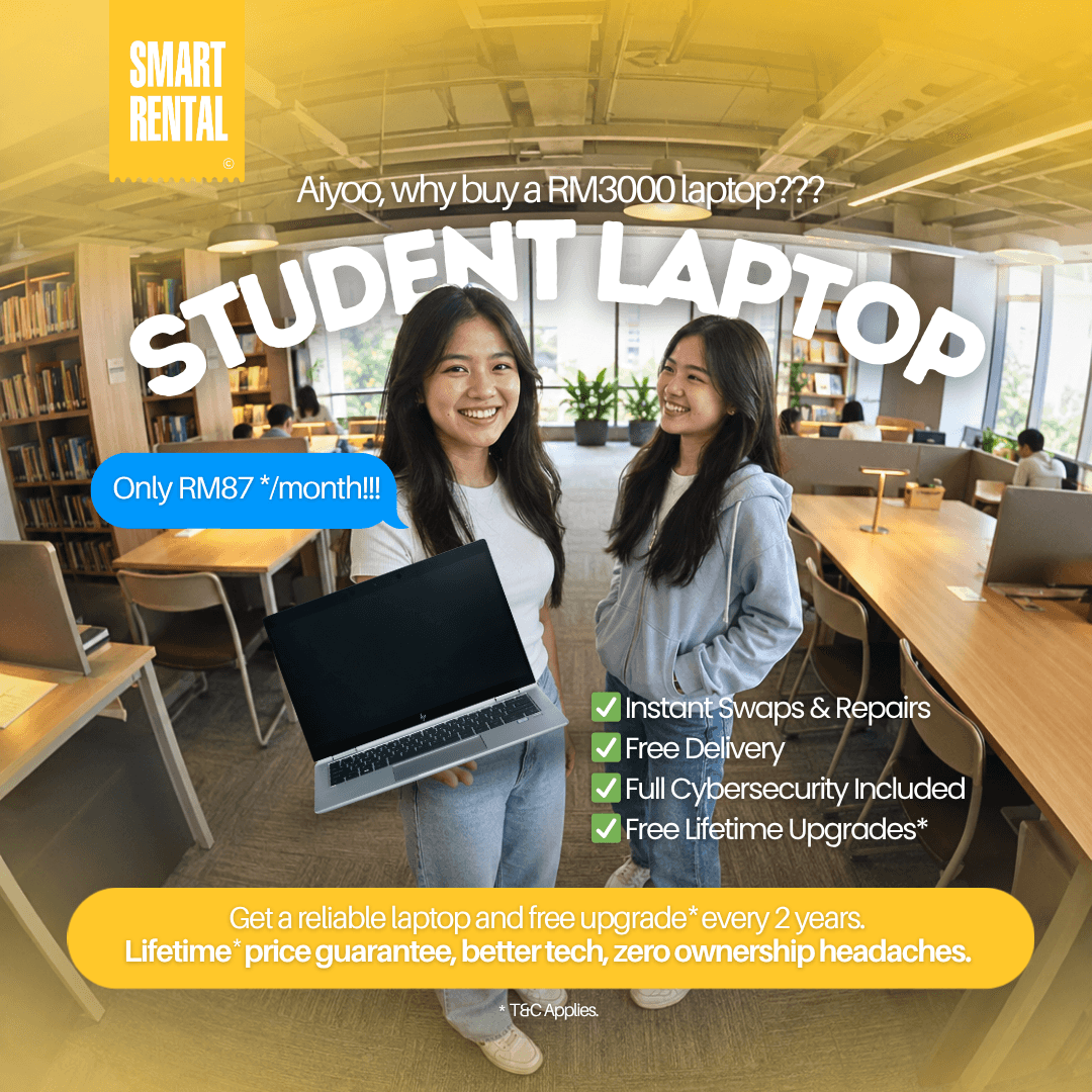 Two students promoting Smart Rental laptops from RM87/month.