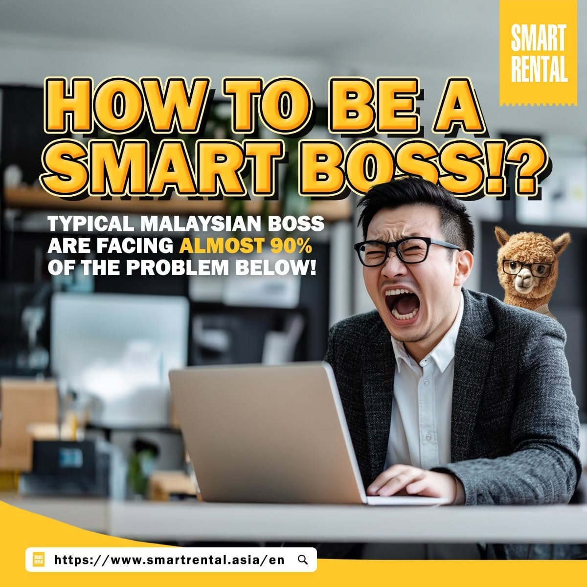 A frustrated Malaysian businessman shouting at his laptop in a modern office